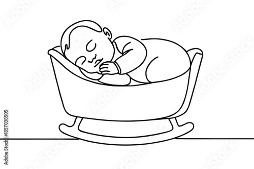 Simple line drawing of a baby sleeping peacefully in a rocking bassinet