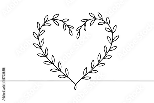 Elegant heart shape formed by delicate branches and leaves, minimalist line art
