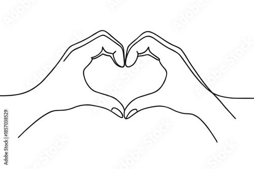 Minimalist line art of two hands forming a heart shape against a white background