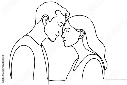 Minimalist line art of a couple embracing with foreheads touching, conveying deep connection