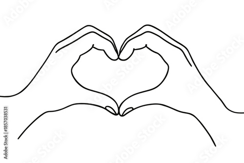 Minimalist outline of two hands forming a heart shape against a white background