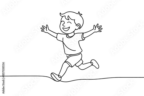 Joyful child running with open arms in a simple line art style