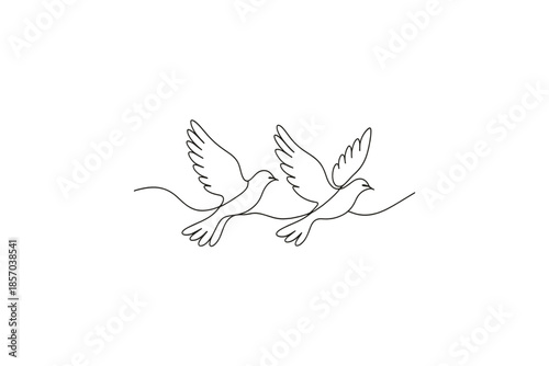 Elegant single line drawing of two doves flying gracefully in unison against a white background