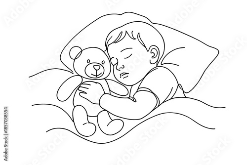 Simple line drawing of a baby sleeping peacefully with a teddy bear on a pillow