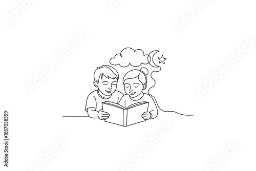 Two children reading a book together under a starry night sky with a crescent moon