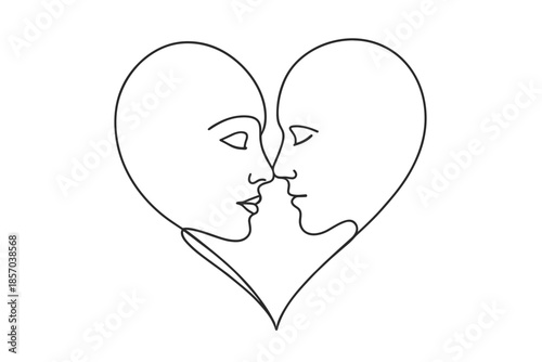 Minimalist line art of two faces forming a heart shape, about to kiss