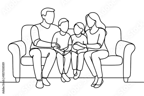 Simple line art of a happy family of four sitting together on a couch