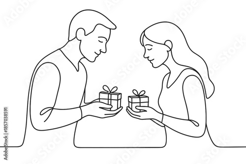 Couple exchanging gifts with minimalist line art style, celebrating a special occasion