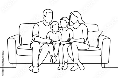 Simple line art of a happy family of four sitting together on a couch