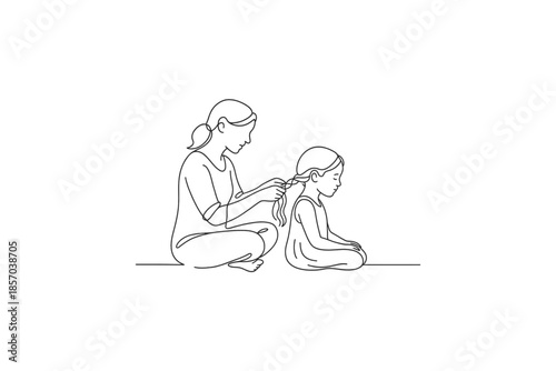 Mother braiding daughter's hair in a simple continuous line art style