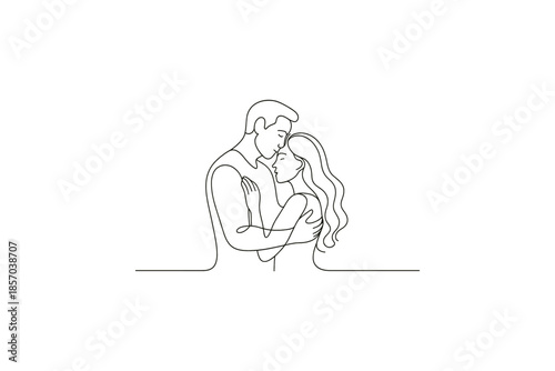 Romantic couple embracing in a tender moment with a forehead kiss, minimalist line art
