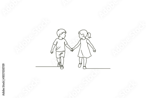 Simple line drawing of a boy and girl holding hands while walking together
