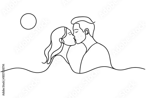 Minimalist line art of a couple kissing under the moon, evoking romance and intimacy