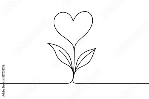Minimalist heart-shaped flower with leaves drawn in a single continuous line