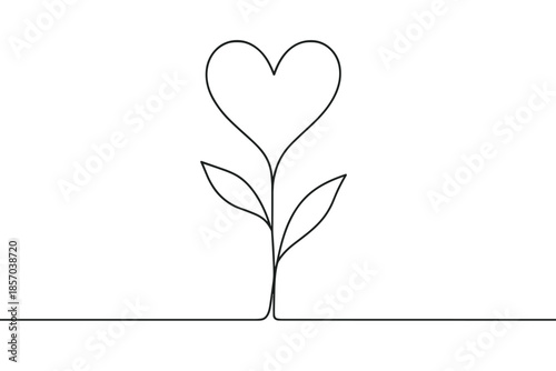 Minimalist single line drawing of a heart-shaped flower blooming on a stem with leaves