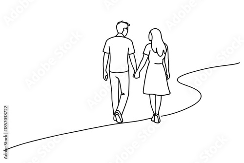 Couple holding hands walking on a path, simple line art illustration