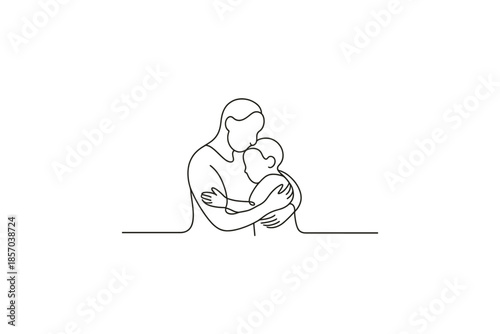 Parent and child embrace in a minimalist line art style, conveying love and connection