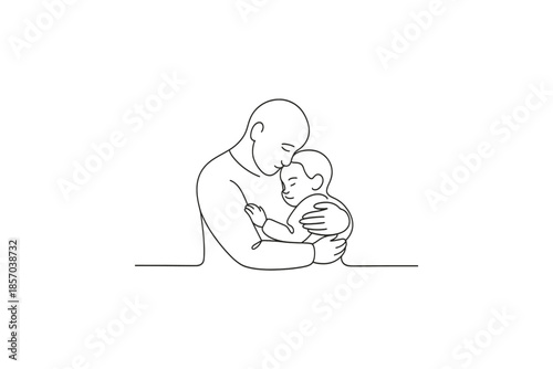 Father and child embrace in a tender moment, depicted with minimalist line art