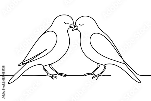 Two birds in a minimalist line art style sharing a tender moment on a branch