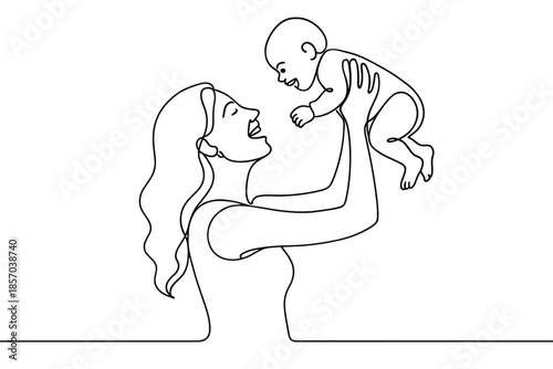 Joyful mother holding her baby up in the air with a continuous line drawing style