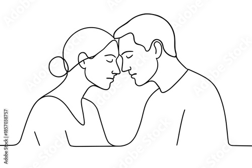 Minimalist line art of a couple touching foreheads with eyes closed in a tender moment