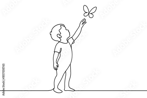 Minimalist line art of a child reaching for a butterfly, symbolizing wonder and curiosity