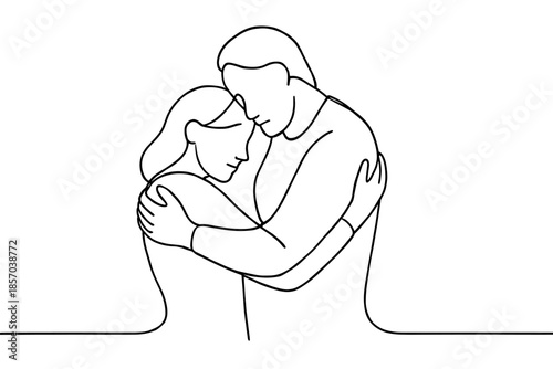 Couple embracing with heads touching, conveying comfort and support in a minimalist line art style