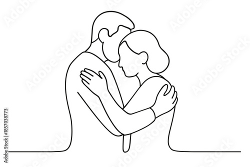 Minimalist line art of a couple embracing with tenderness and affection