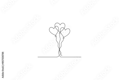 Minimalist single line drawing of three heart shaped balloons floating together