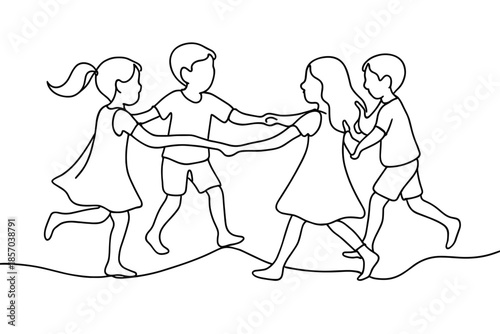 Children holding hands and dancing in a circle, simple line art illustration