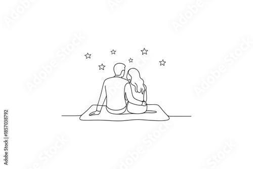 Couple embracing under a starry night sky, simple line art illustration