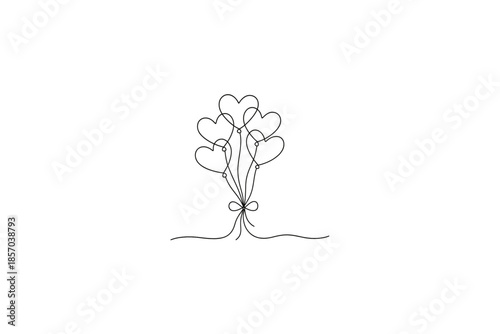 Minimalist heart shaped balloons tied with a ribbon in a continuous line drawing style