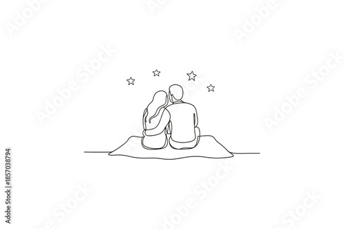 Couple embracing under a starry night sky, minimalist line art illustration