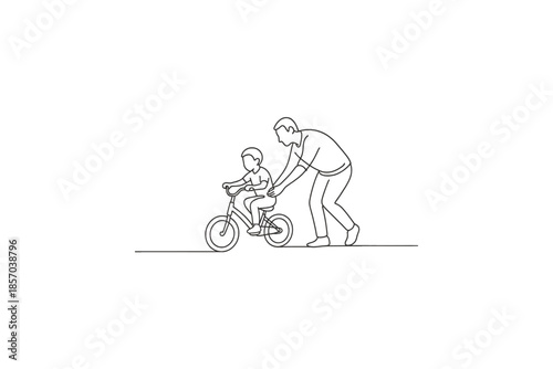Father teaching son to ride a bicycle, simple line art illustration