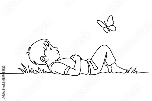 Child lying on grass looking up at a butterfly in a simple line drawing style