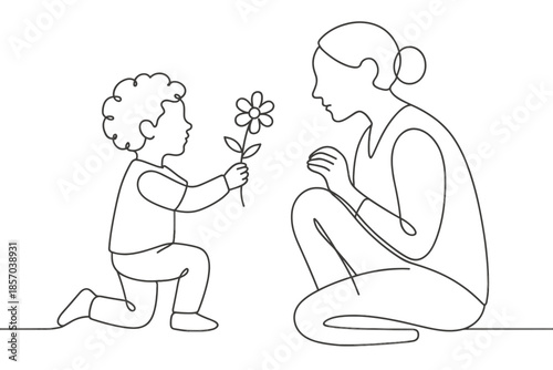 Child gives a flower to mother in a minimalist line art style