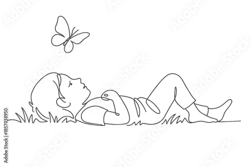 Child lying on grass looking up at a butterfly in a minimalist line drawing style