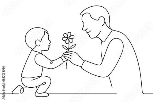 Child gives a flower to father in a simple line art drawing