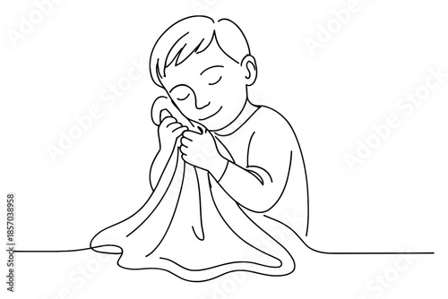 Young boy happily smelling a soft blanket with his eyes closed in a simple line drawing