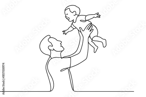 Father joyfully tossing his happy baby in the air with one continuous line drawing