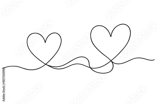 Minimalist single line drawing of two hearts connected by a flowing continuous line