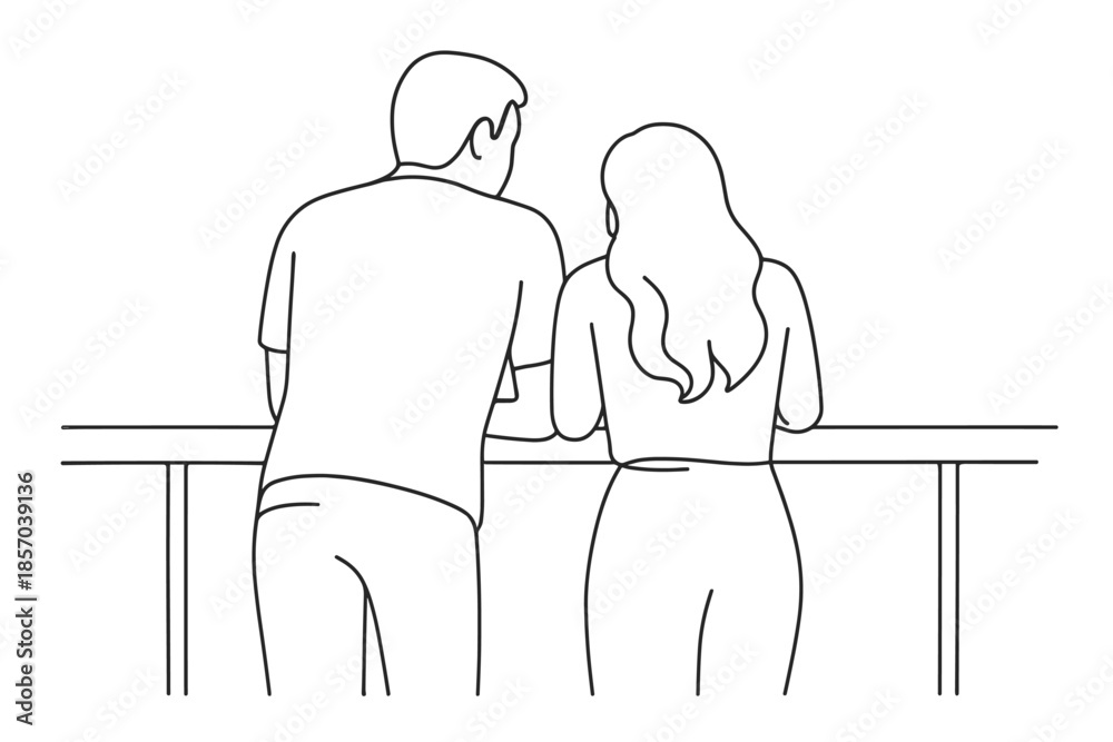 Fototapeta premium Couple leaning on a railing, seen from behind, enjoying a moment together