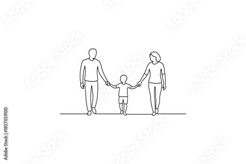 Minimalist line art of a family walking together holding hands, symbolizing unity and connection