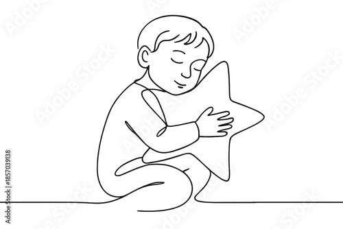 Young child embracing a star with closed eyes, drawn in a simple continuous line style