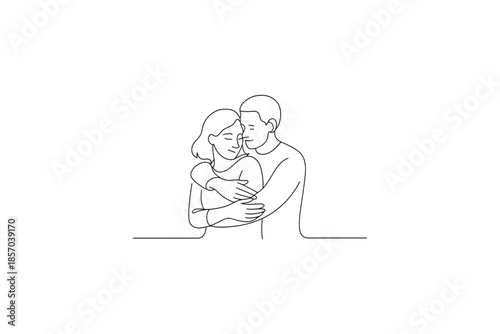 Minimalist line art of a couple embracing with eyes closed in a tender moment