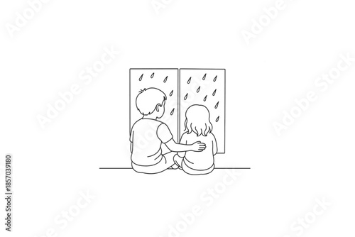 Brother comforts sister while watching rain fall outside the window