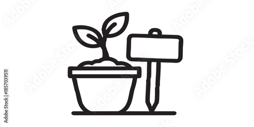 Plant with leaves in flowerpot thin line icon, spring season concept. Vector graphics. Sprout in plastic pot, gardening sign on white background, style icon mobile or web design