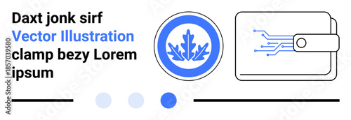 Digital wallet with circuit pattern, a decorative badge, and modern design elements. Ideal for technology, finance, cryptocurrency, digital payment, fintech, secure transactions simple landing page
