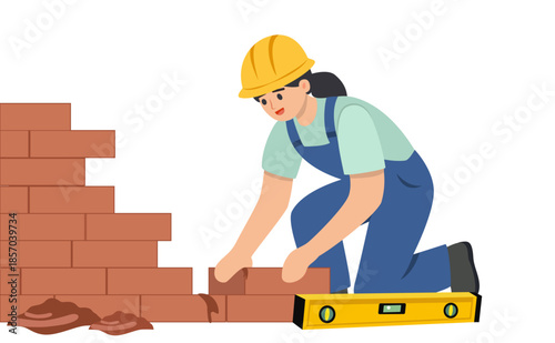 Woman bricklayer at construction site – masonry work illustration