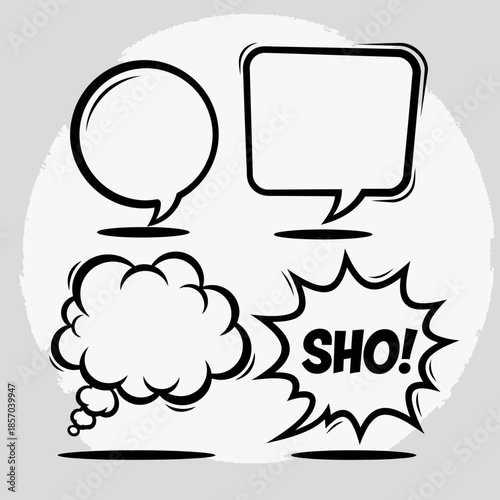 Blank speech bubbles and explosion thought bubble in black and white illustration
